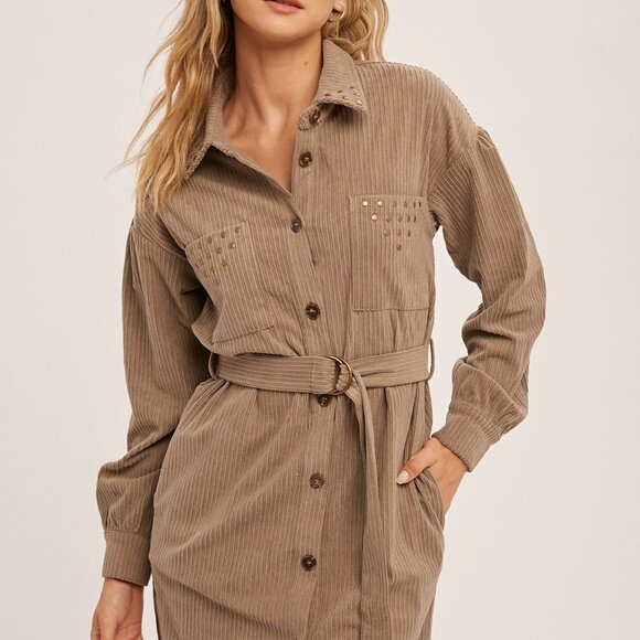 HEM & THREAD Taupe Corduroy Belted Shirt Dress, Stud Detail Utility Style - Picture 8 of 8